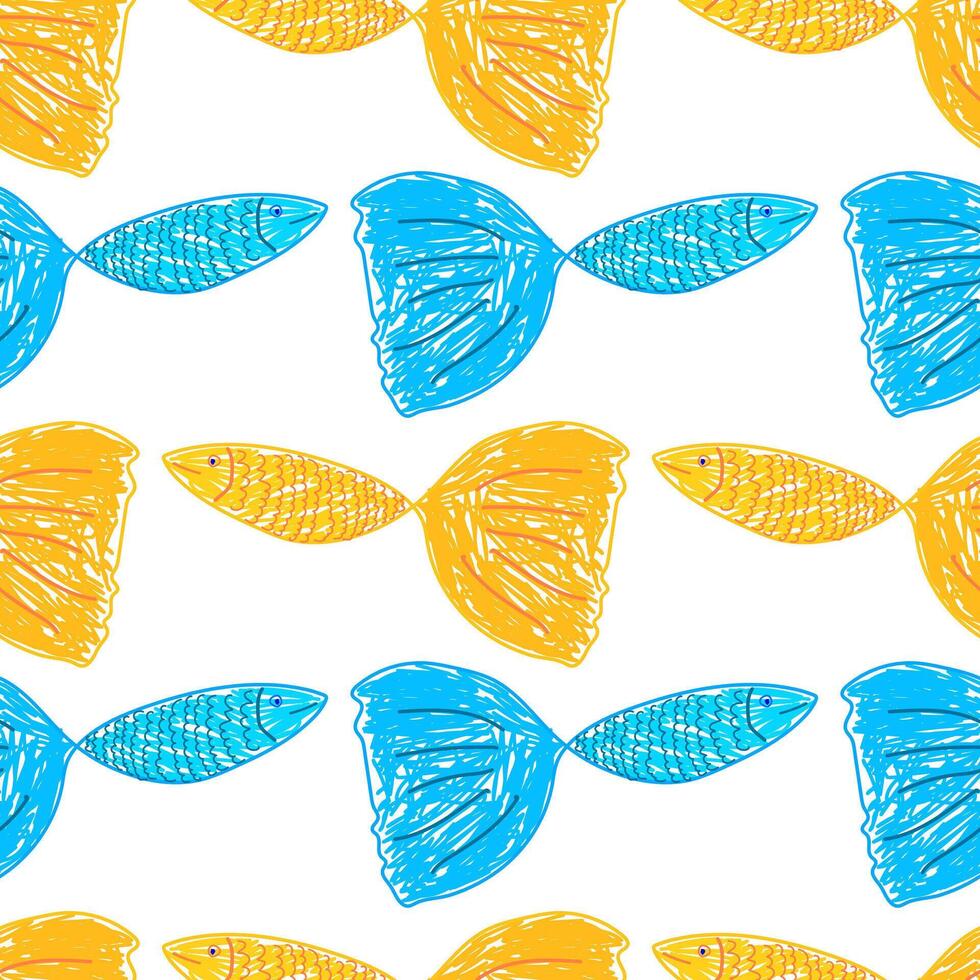 Playful seamless pattern featuring vibrant blue and yellow fish with textured, hand-drawn details, perfect for aquatic-themed designs and creative projects. vector