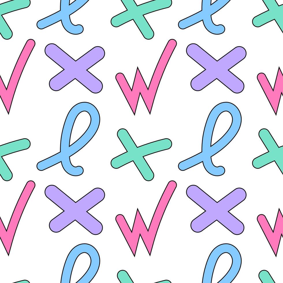 Vibrant seamless pattern featuring multicolored letters, ribbons, and X symbols in playful style on a white background. Ideal for textiles, kids designs, and creative projects. vector