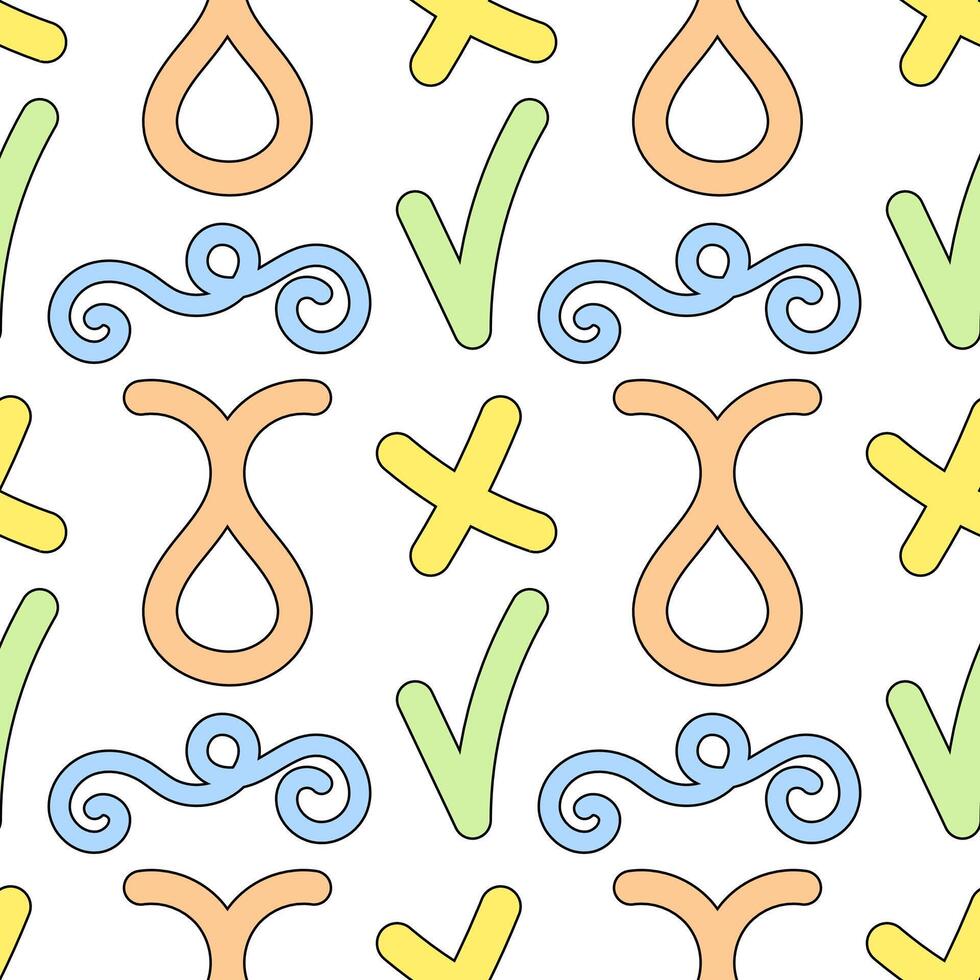 Playful seamless pattern featuring colorful loops, checkmarks, X shapes, and swirls in a vibrant design. Perfect for textiles, wallpapers, and creative projects. vector