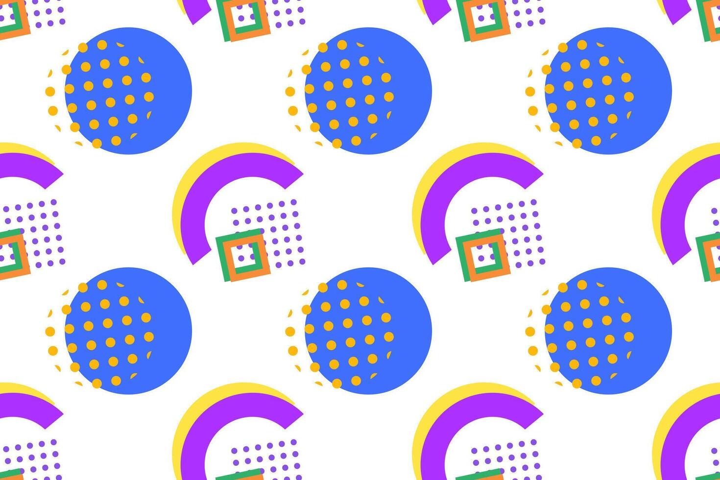 Vibrant geometric pattern with blue circles, yellow dots, purple arcs, and colorful squares on a white background. vector