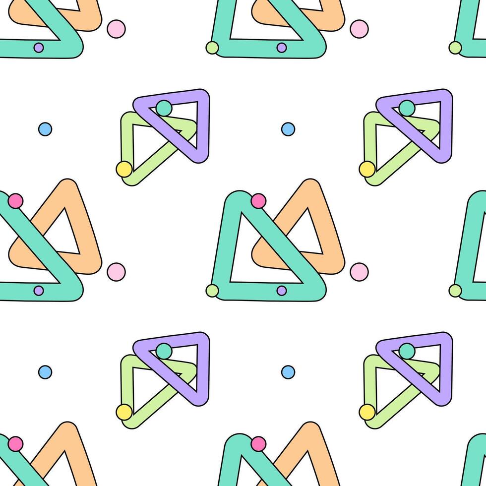 Seamless colorful pattern featuring geometric doodle-style triangles with confetti dots on a white background. vector