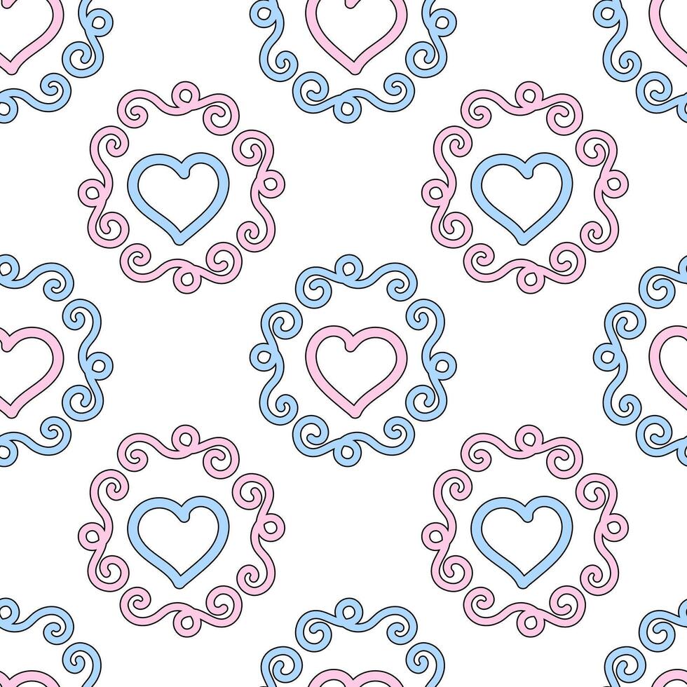 Seamless decorative pattern featuring pink and blue hearts framed with elegant swirling designs on a white background. vector