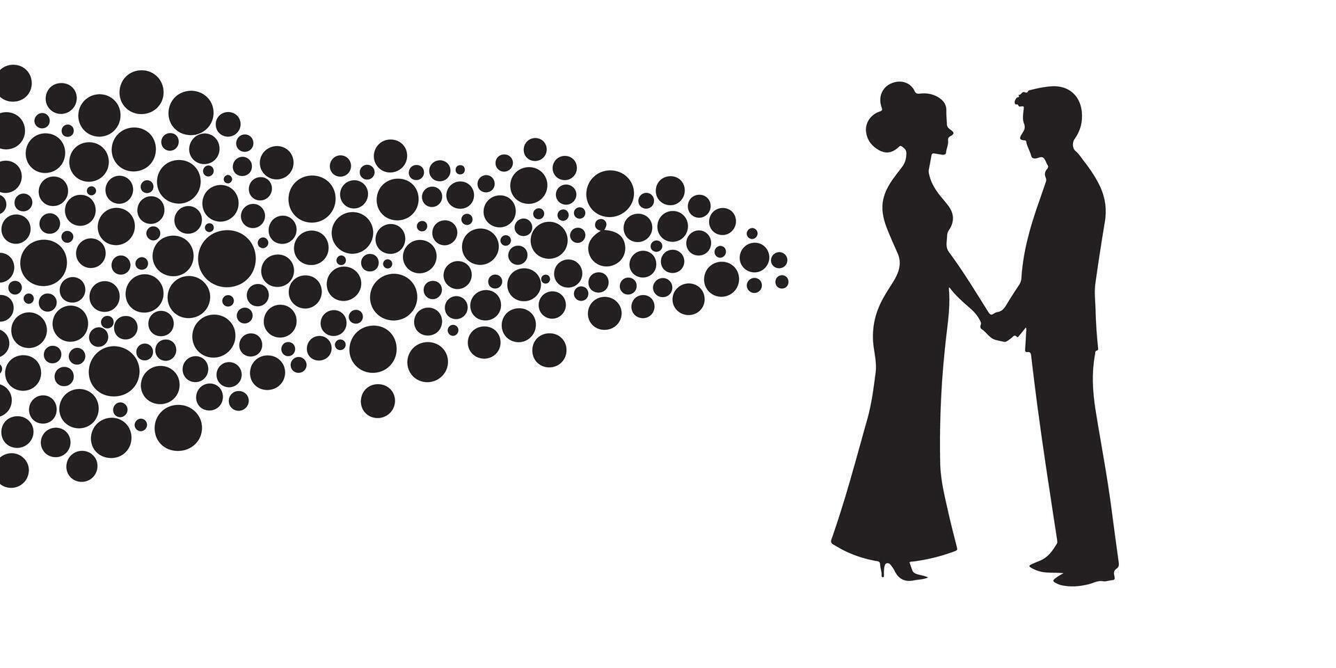 Silhouette of a man and woman standing in front of a cloud of dots vector