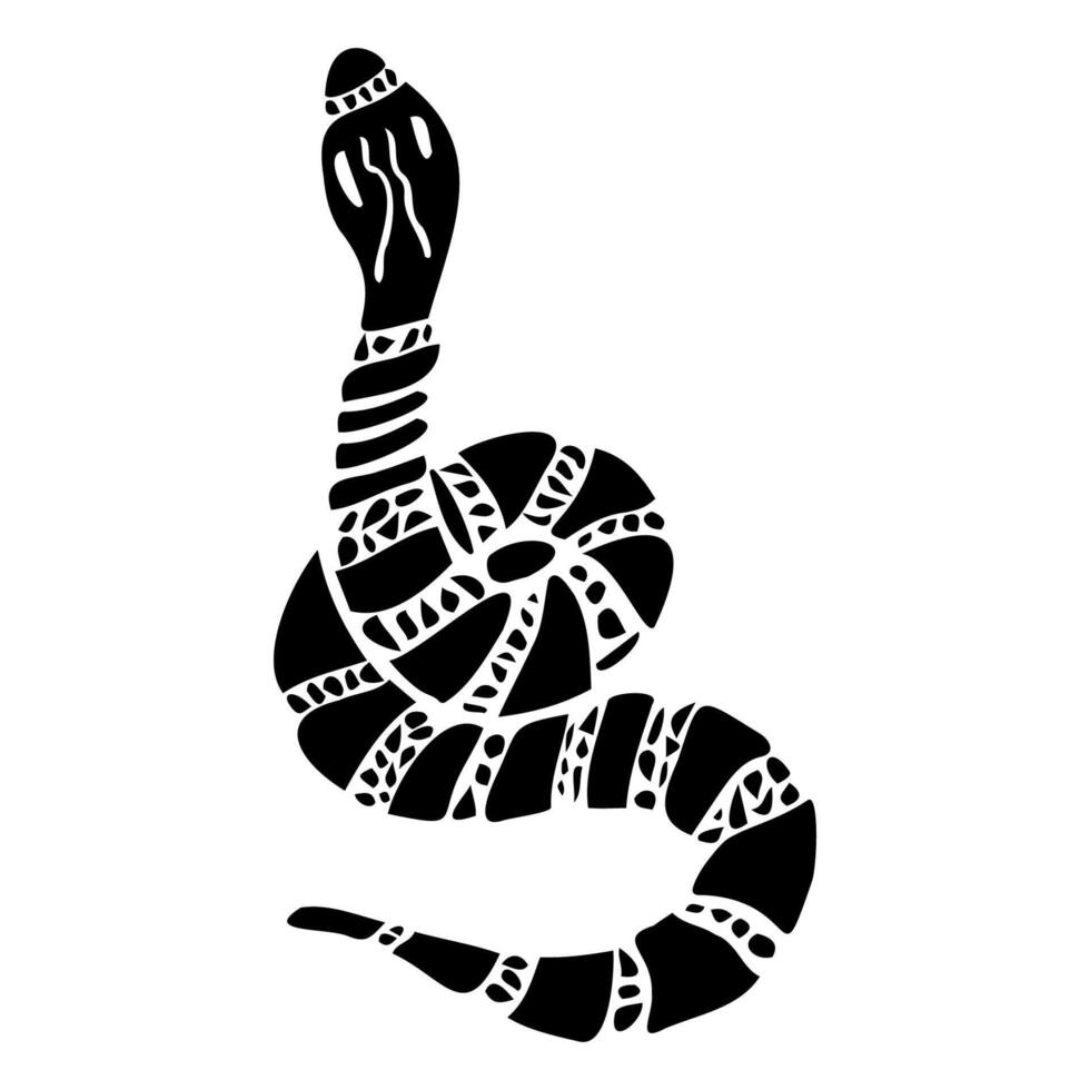 Snake is a black contour illustration with patterns. Mystical tattoo, emblem, logo, icon. vector