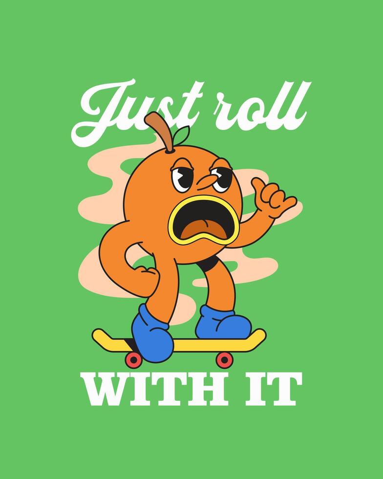 Orange Skating Cartoon hand drawn retro poster vector
