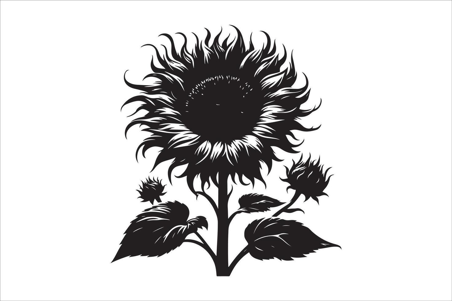 A black and white sunflower with leaves vector