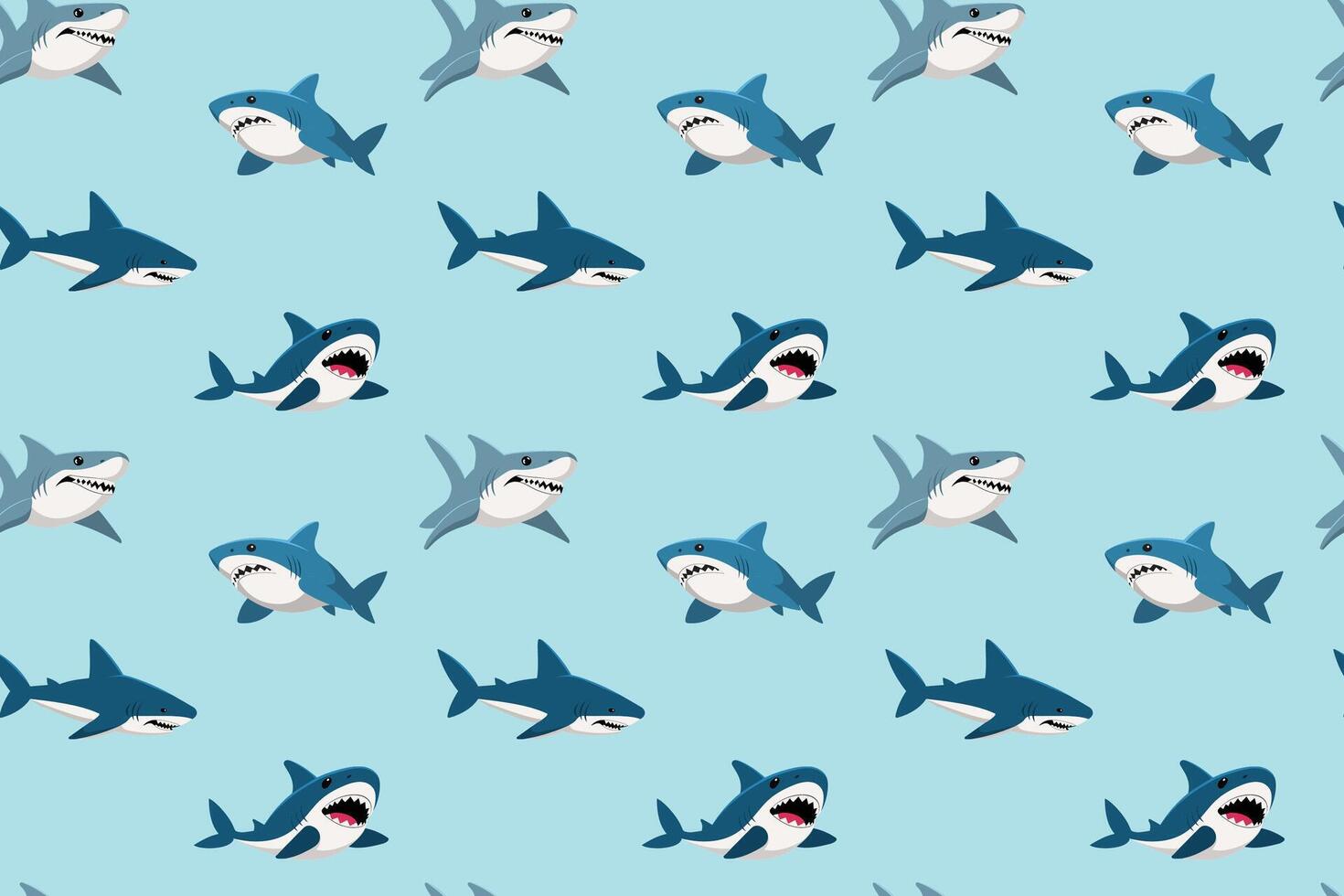 A repeating pattern of cartoon sharks swimming in a light blue ocean background. vector