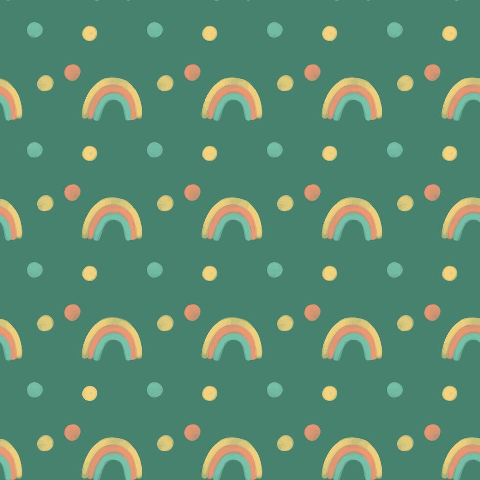 green repeated seamless pattern design with rainbow and dot illustrations vector