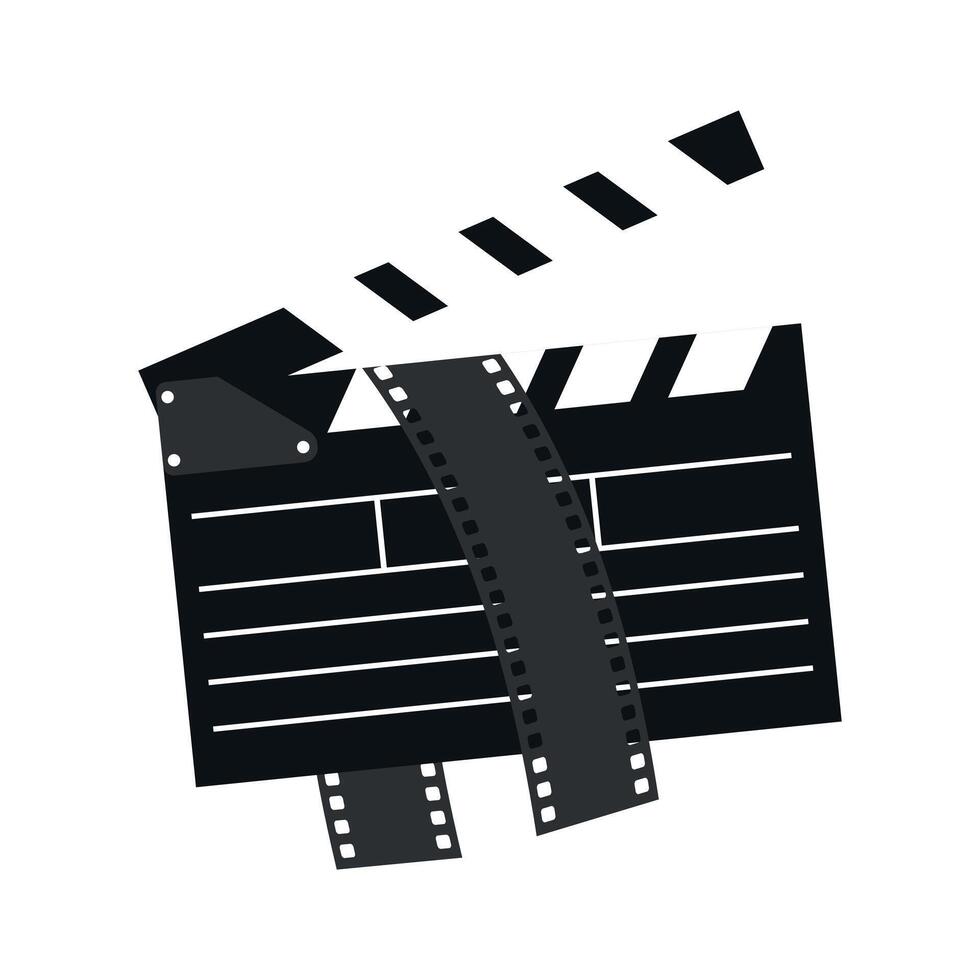 Clapper board with filmstrip in it. Filmmaking equipment emblem icon. Cinema symbol isolated on white background vector