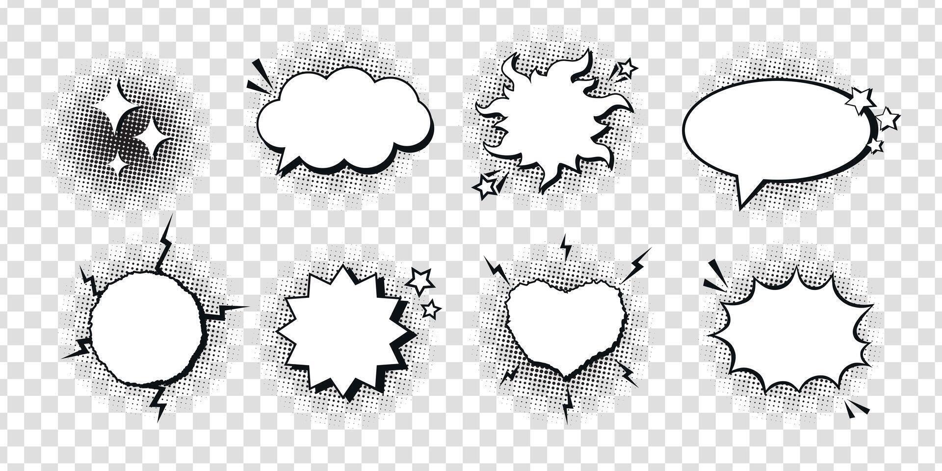 Set of various empty comic speech bubbles decorated with black halftone shadow in pop art style. Different shapes and elements vector