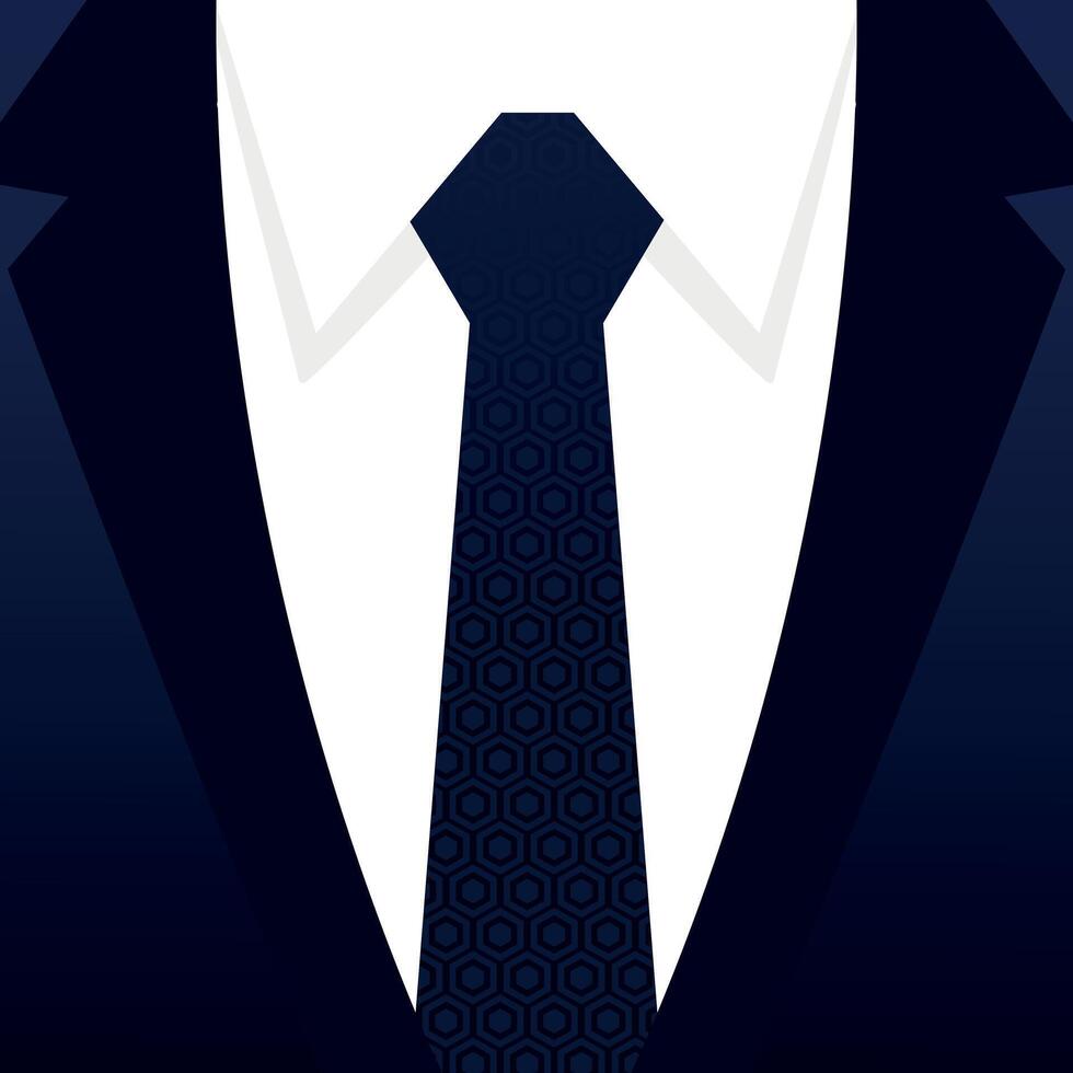 Tuxedo jacket suit with necktie. Gradient blue colored tuxedo and tie with geometric pattern. Ceremonial suit vector