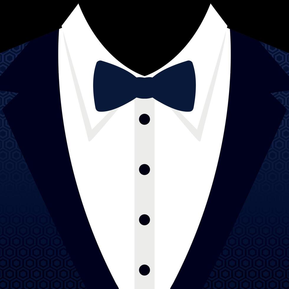 Blue tuxedo suit with geometric pattern and tied bow. Blue festive tuxedo with bow tie vector
