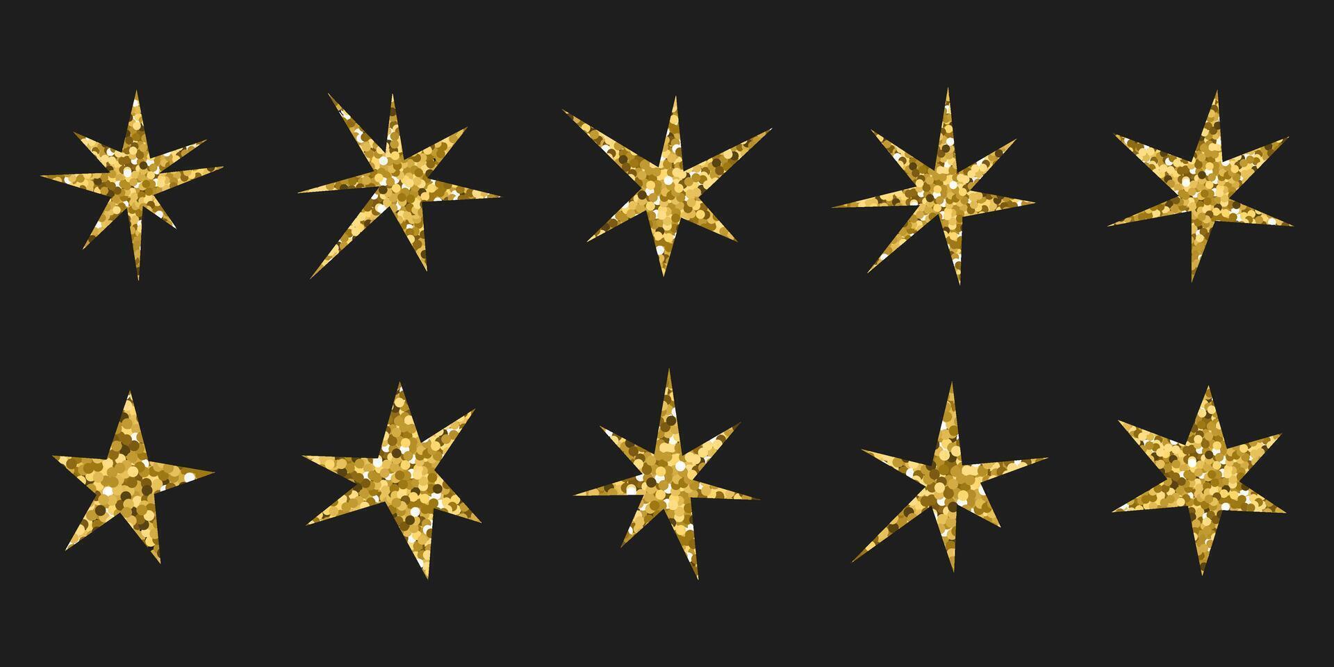 Set of gold star shapes. Retro futuristic sparkle icons collection. bstract bright golden design for wallpaper, Christmas decoration. The texture of glitter. Symbol of holiday. vector