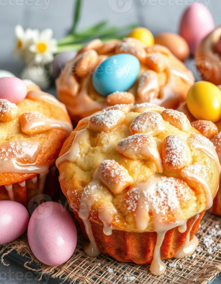Delightful spring muffins decorated with pastel eggs and drizzled icing showcase festive baking creativity photo