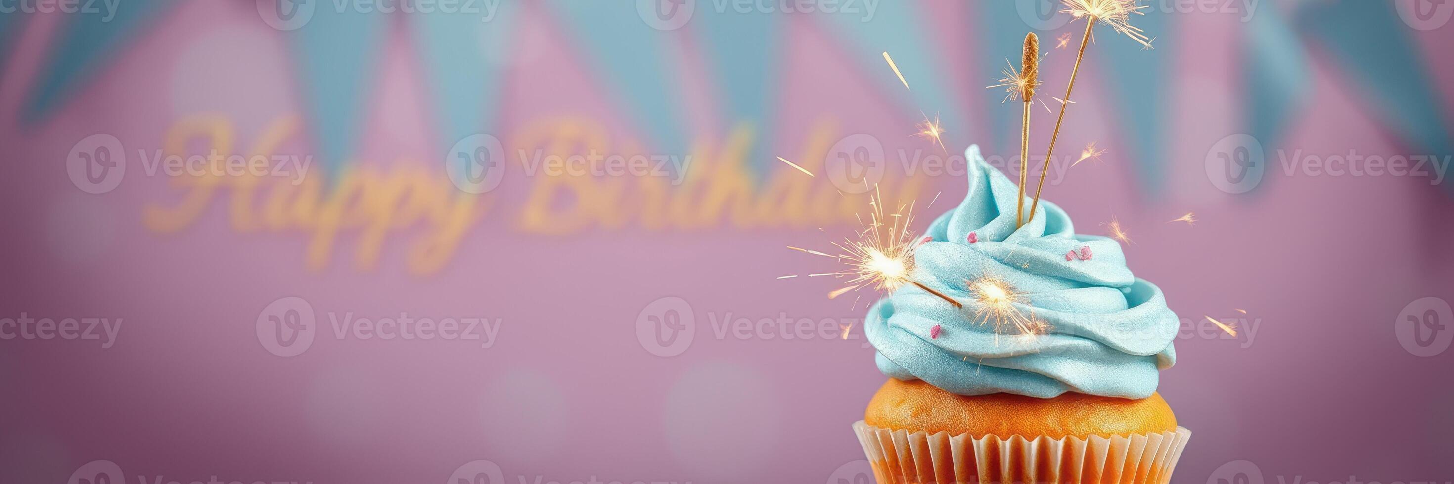 Delicious birthday cupcake with blue frosting and sparklers celebrating a joyful occasion photo