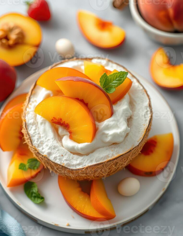 Delicious coconut bowl filled with whipped cream and fresh peach slices on a marble surface photo