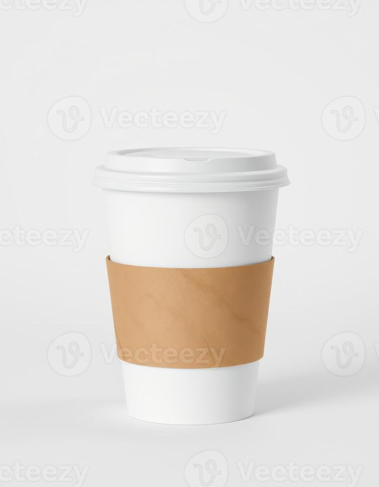 White disposable coffee cup with a kraft paper sleeve on a plain background during morning hours photo