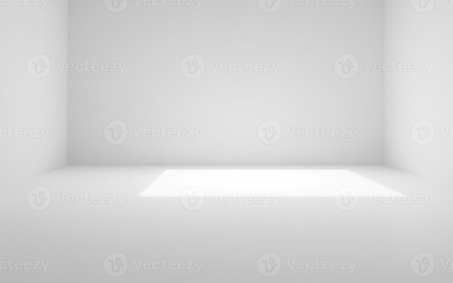 Minimalist white room with a bright light source illuminating the center floor during daylight photo