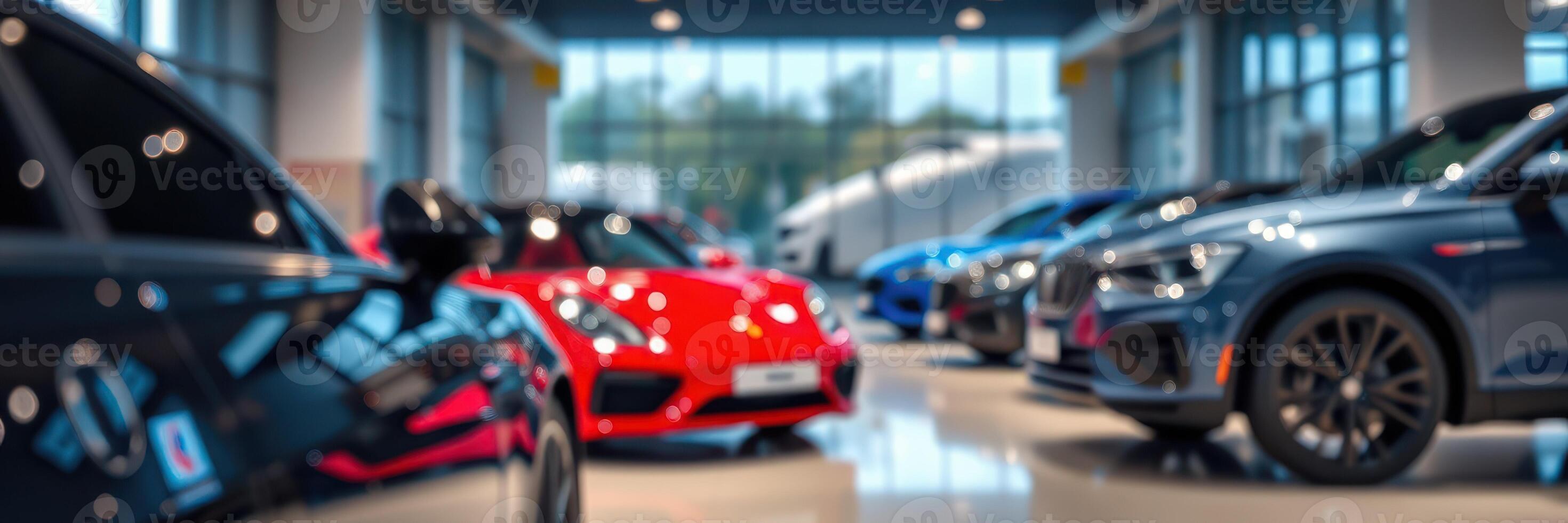 Luxury sports cars displayed in a modern showroom featuring various colors and designs during daylight photo