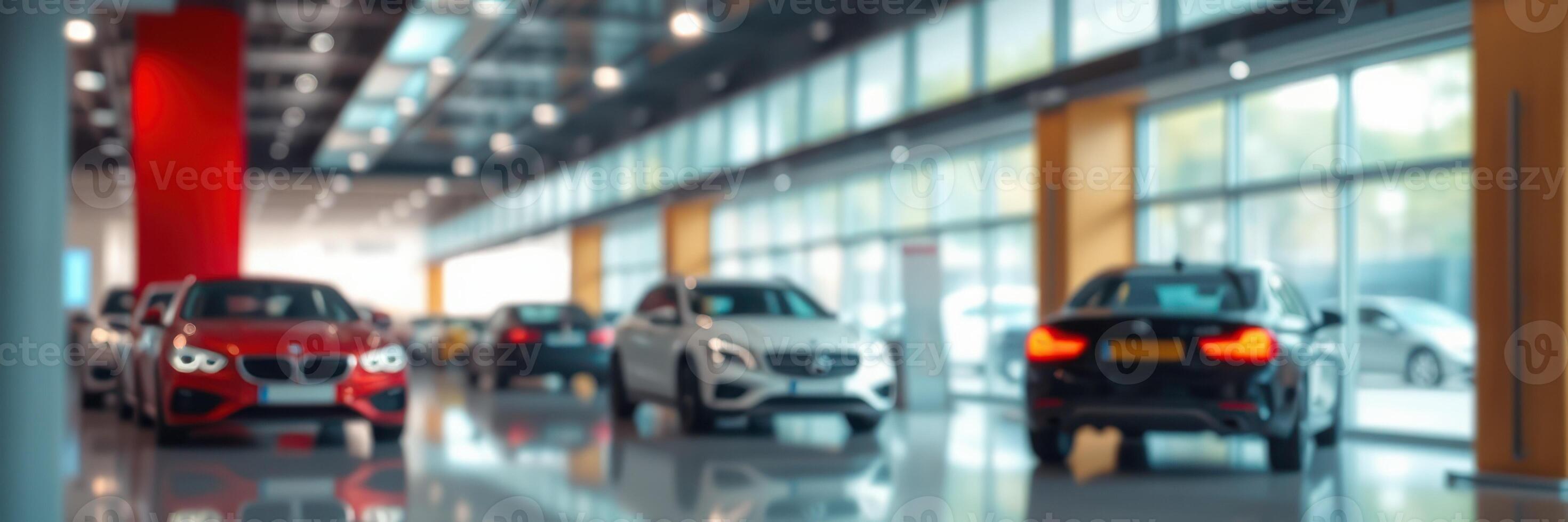 Luxury cars on display in a modern showroom with bright lighting and spacious layout photo