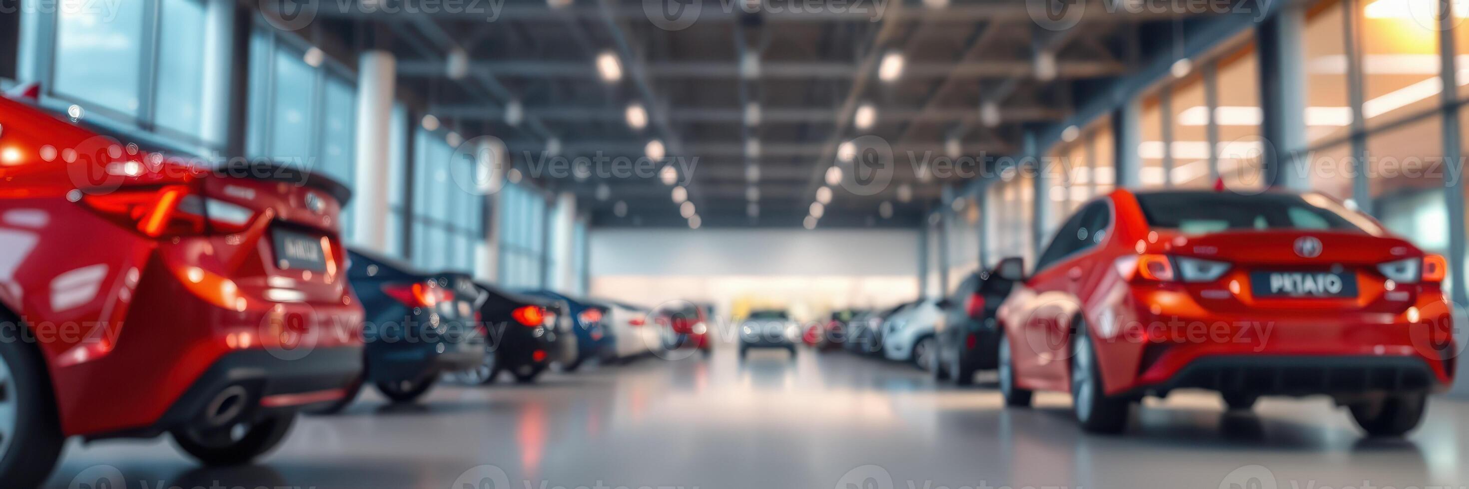 Many vehicles parked indoors in a spacious garage showing various colors and styles at a car dealership photo