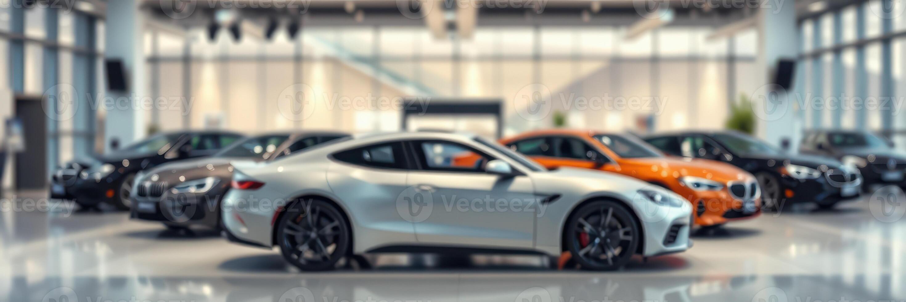 Collection of luxury cars on display in a modern showroom during the day photo