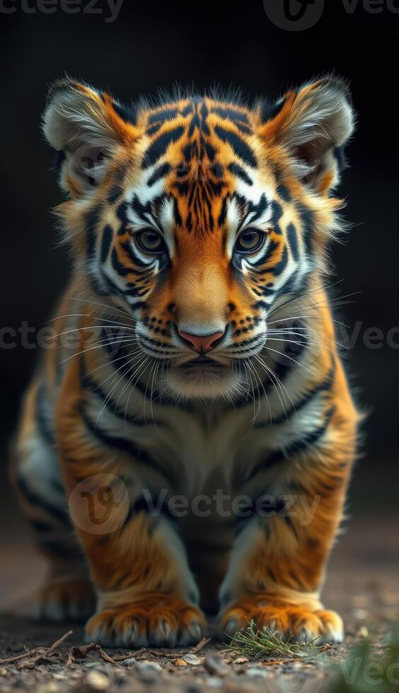 Young tiger walking confidently in a natural setting, showcasing its beautiful coat and piercing gaze photo