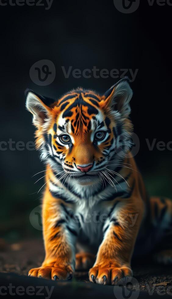 Striking close-up of a young tiger in a dark lush environment showcasing its vibrant fur and sharp gaze photo