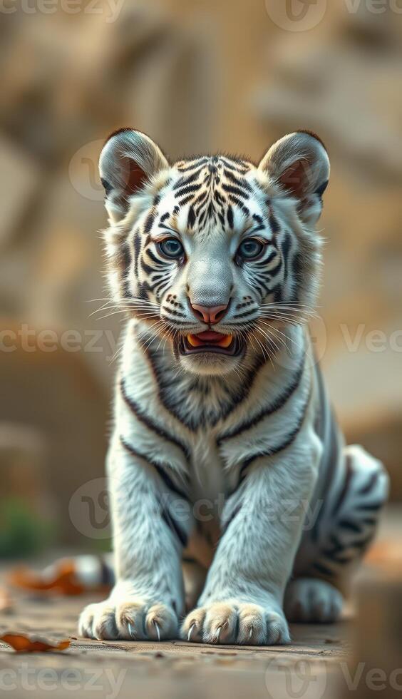 White tiger cub playing outdoors in a natural habitat during daylight hours, showcasing its playful demeanor and striking fur patterns photo
