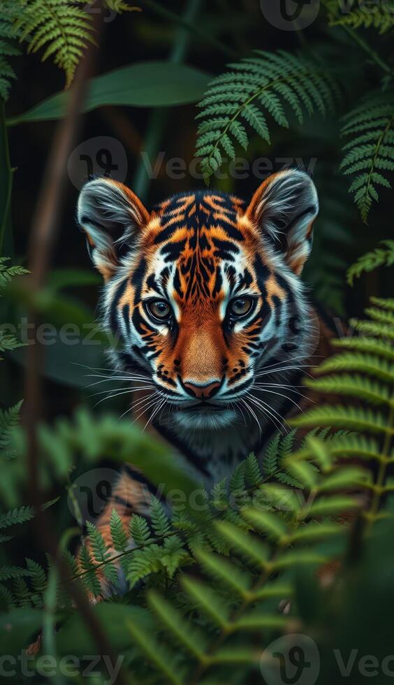 Tiger cub peers through lush greenery in a dense jungle setting during late afternoon photo