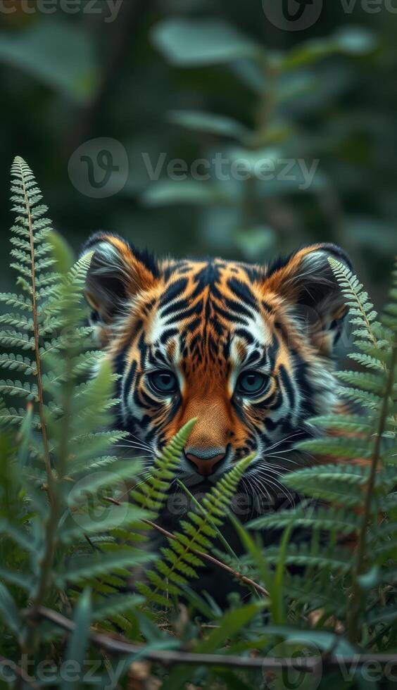 Young tiger peeks through ferns in lush green forest under soft sunlight photo