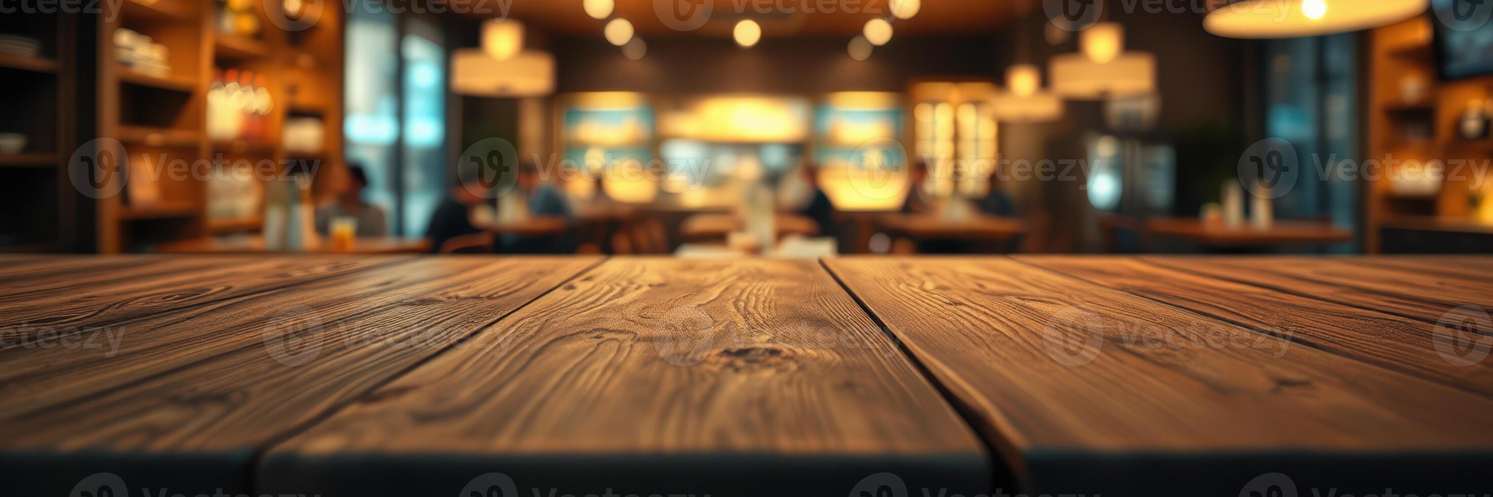 Cozy interior of a modern cafe with wooden tables and soft lighting creating a relaxed atmosphere for patrons photo