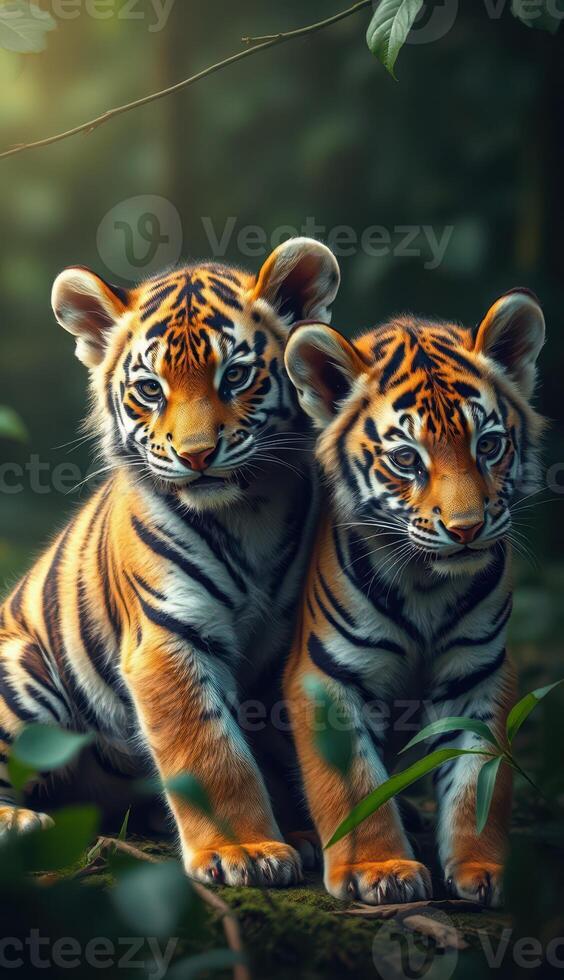 Two playful tiger cubs sit side by side in a lush green forest setting during the golden hour of the day photo