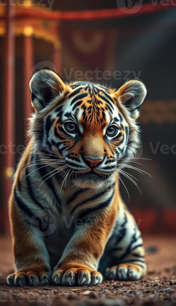 Tiger cub sits calmly in a vibrant habitat, showcasing its striking features and playful demeanor photo