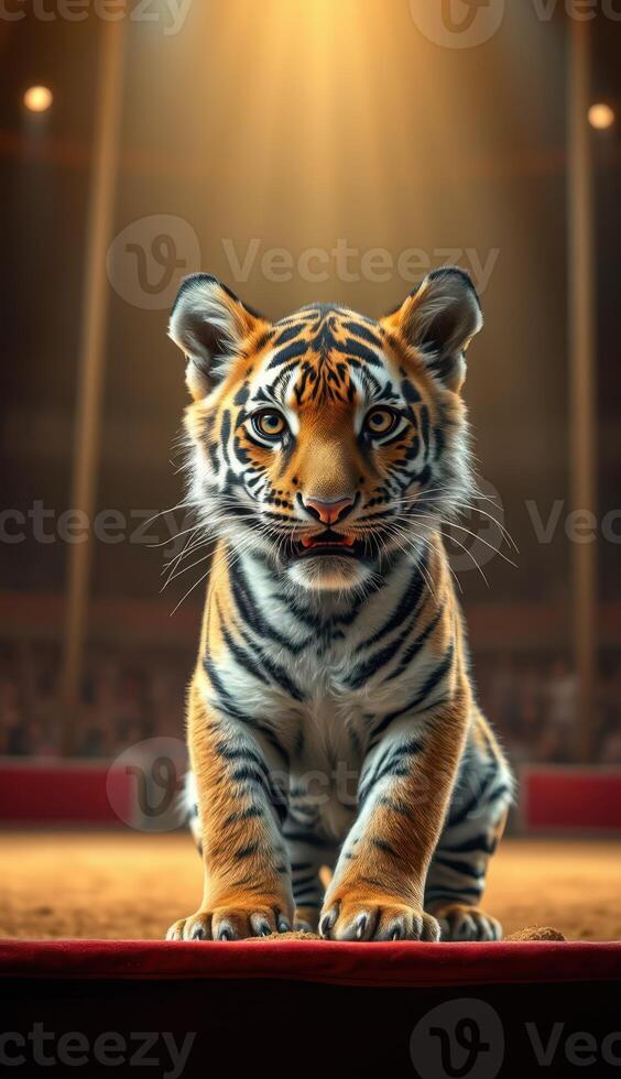 Majestic tiger cub poised in spotlight, showcasing strength and beauty in an indoor circus setting photo