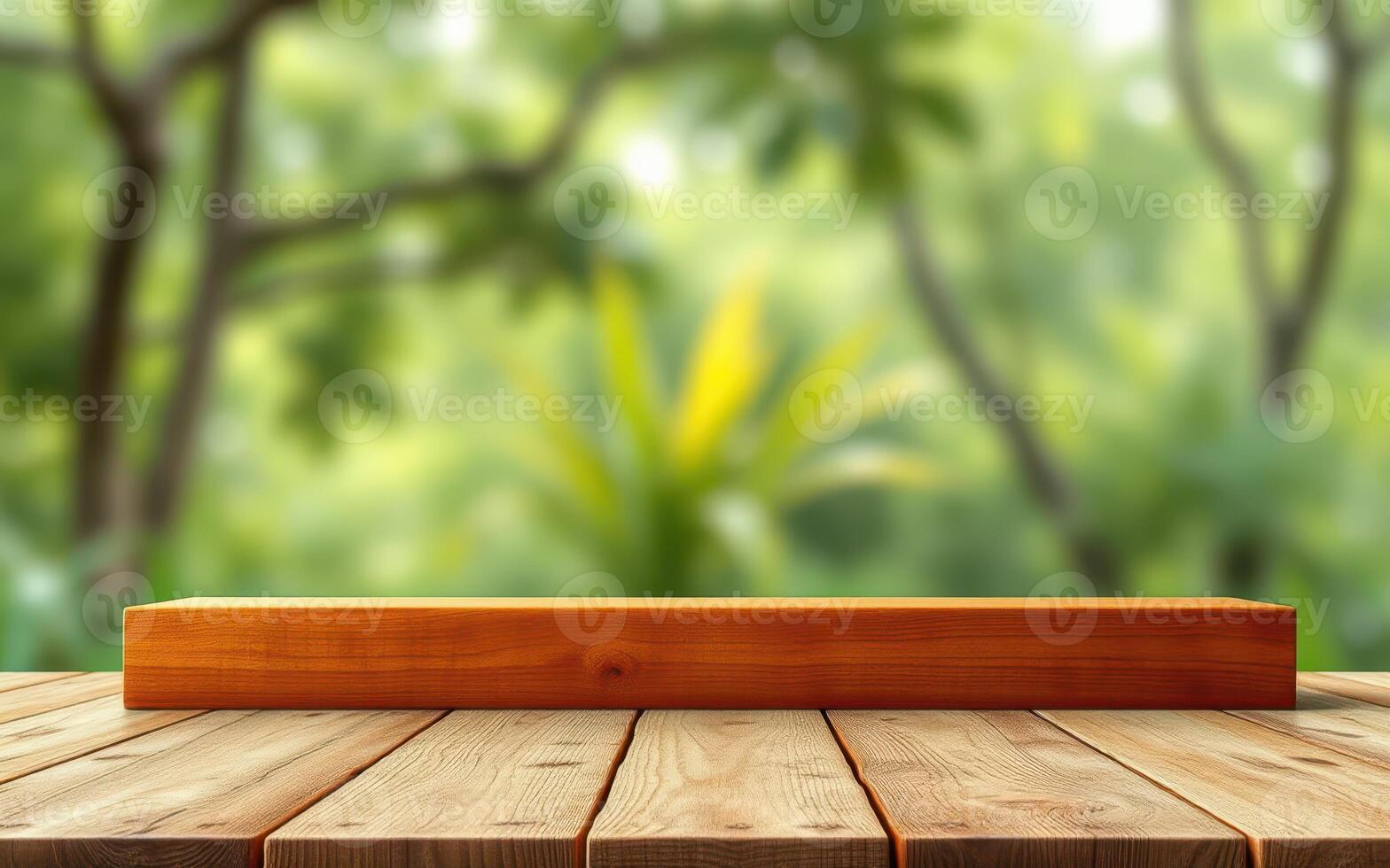 Natural wooden table against a blurred green background in a serene outdoor setting photo
