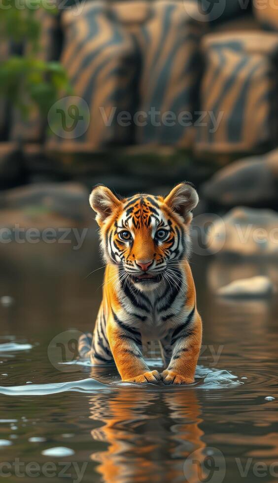 Young tiger wades through shallow water with a serene backdrop of rocks and greenery at noon photo