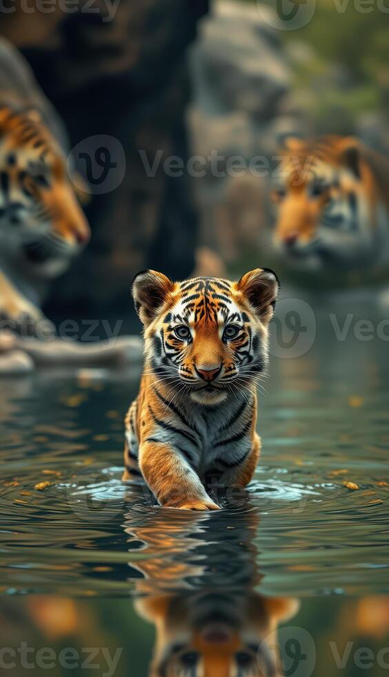 Young tiger wades through water while two adult tigers observe the playful cub in a serene natural setting photo