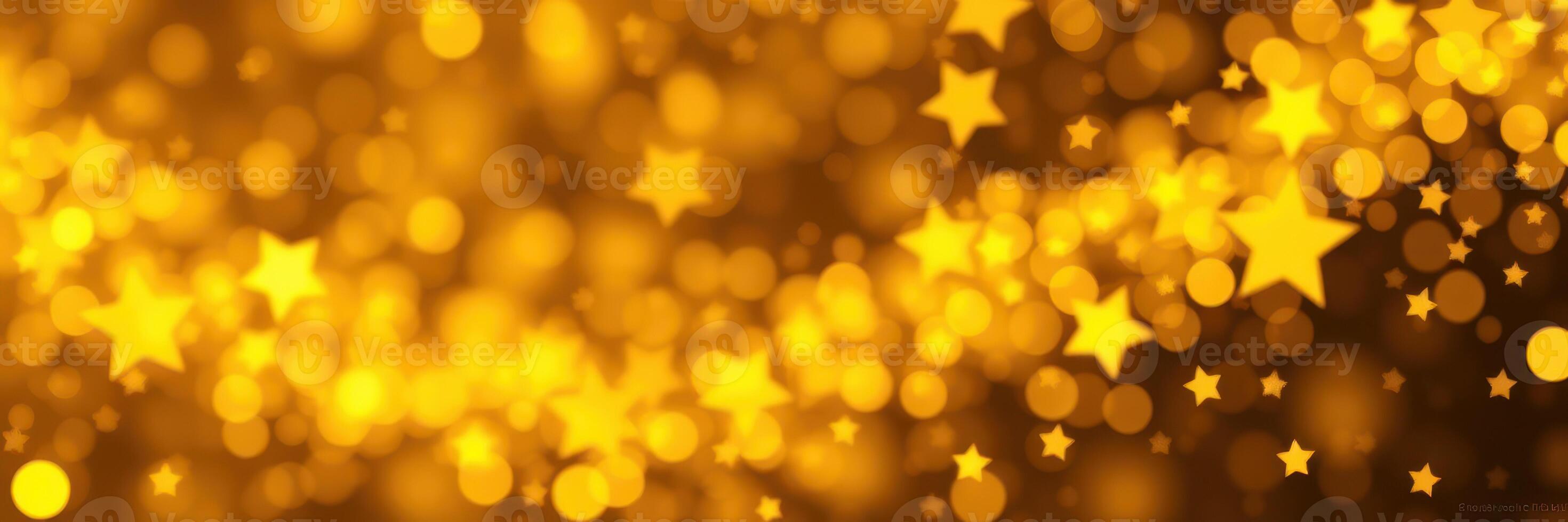 Golden bokeh background with shining stars creating a festive atmosphere for celebrations or events photo