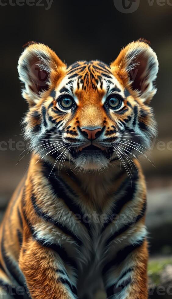 Captivating young tiger gazes curiously in a lush habitat during daylight hours in a wildlife preserve photo