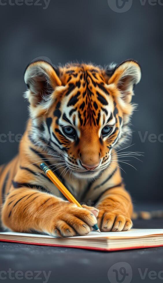 Young tiger cub engages playfully with a pencil and notebook in a cozy indoor setting during afternoon light photo