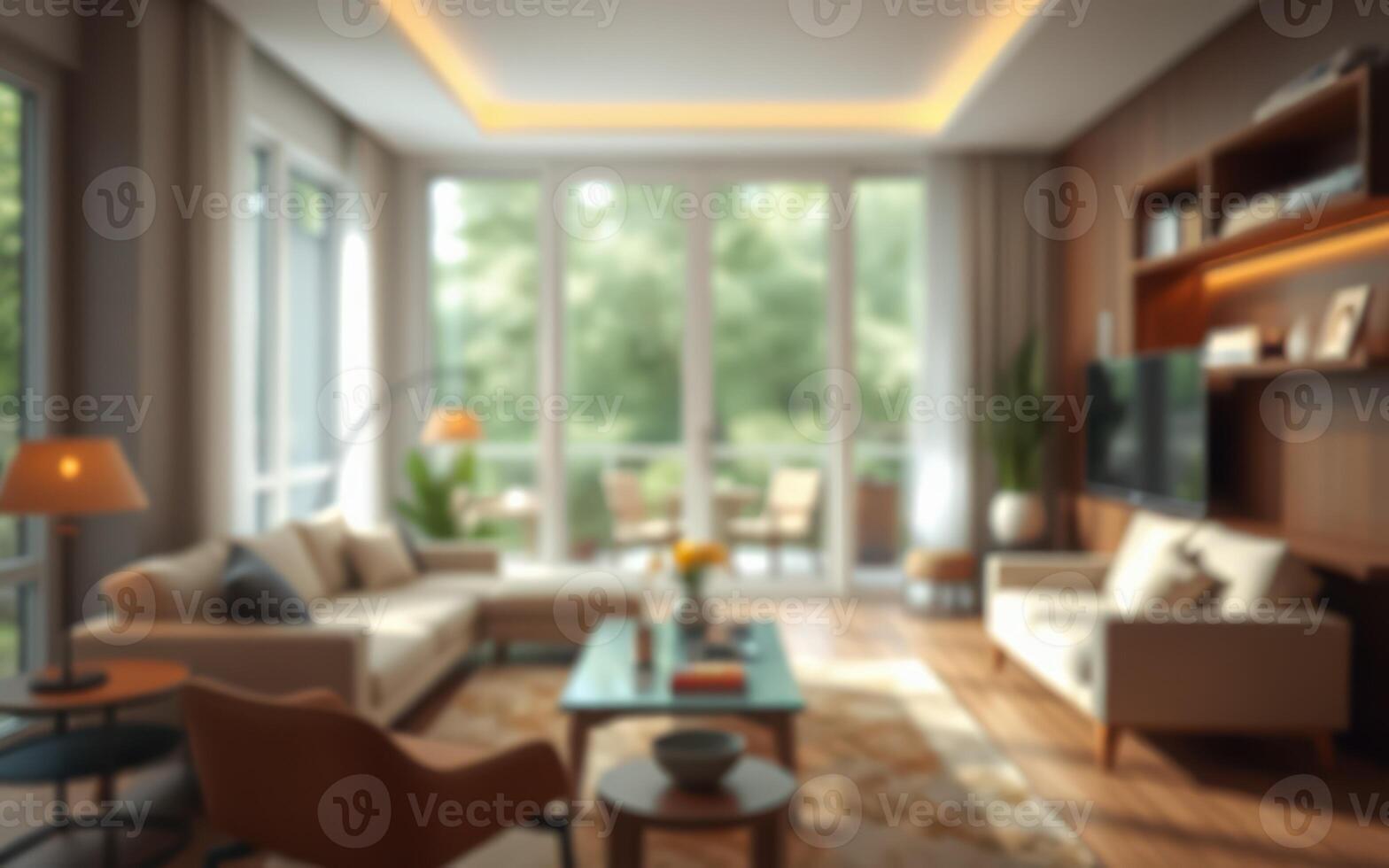 Modern living room with natural light and elegant furnishings in a serene green setting photo