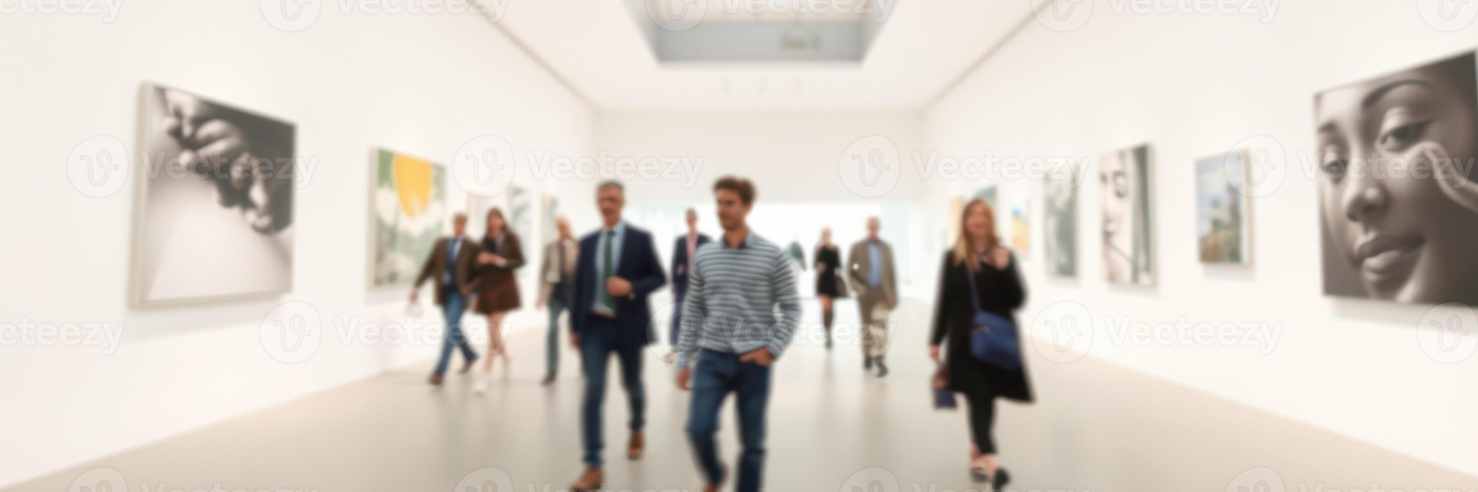 Visitors explore an art gallery showcasing diverse contemporary artwork in a bright, spacious venue photo