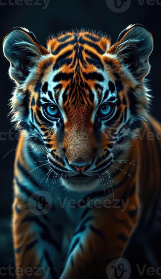 Majestic tiger prowls through dark habitat showcasing striking fur and intense gaze during twilight hours photo