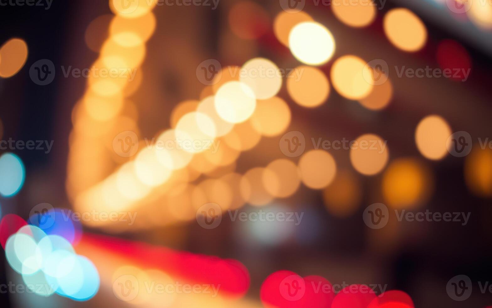 Colorful bokeh lights create a festive atmosphere on a lively city street at night photo