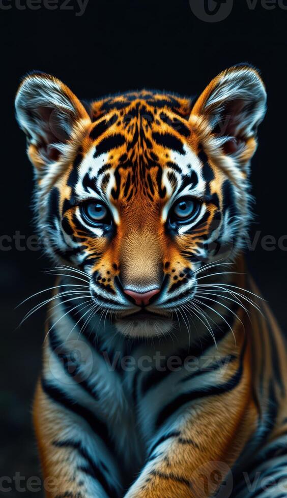 Stunning close-up of a young tiger with intense blue eyes showcasing vibrant orange and black stripes in a dark background setting photo
