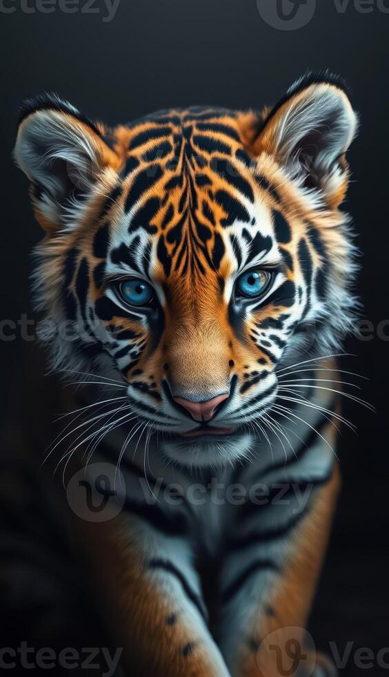 Majestic tiger with striking blue eyes in a darkened environment showcasing its unique features and powerful presence photo