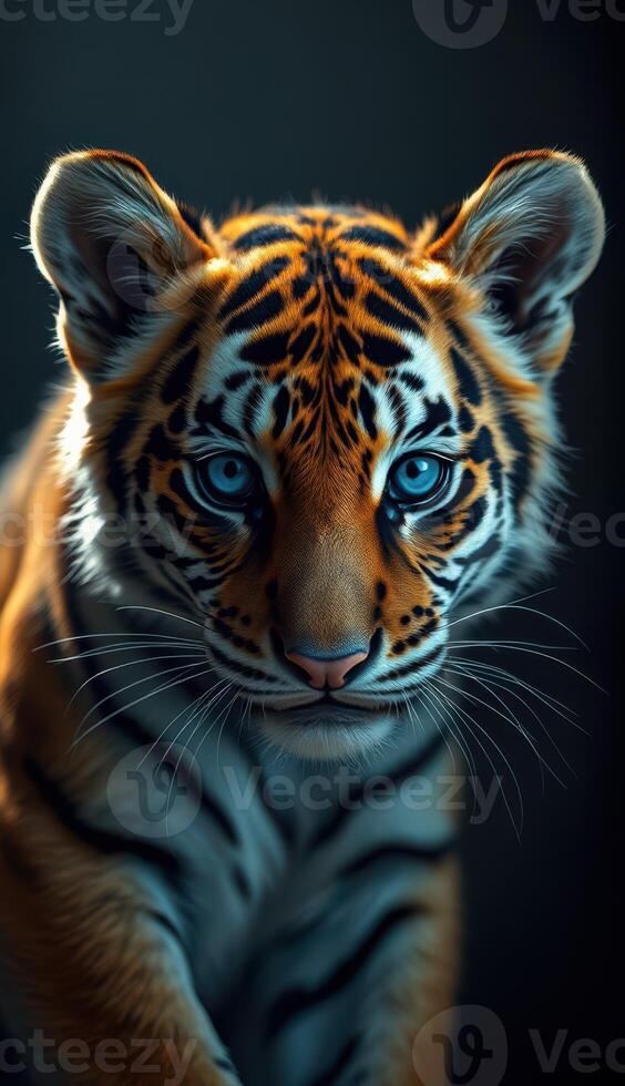 Majestic tiger displaying striking features in a dark, moody environment during a serene evening photo