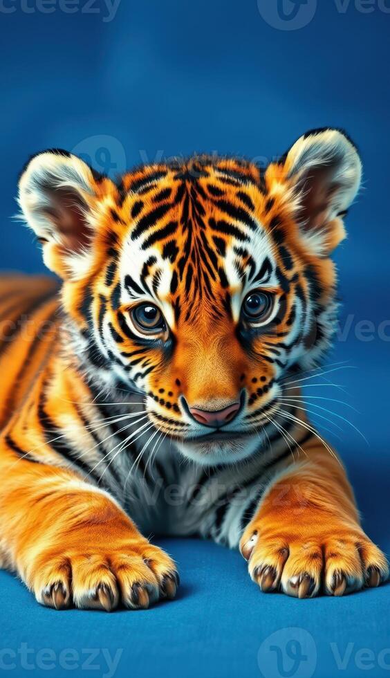 Majestic tiger cub resting on a soft blue background while gazing inquisitively photo