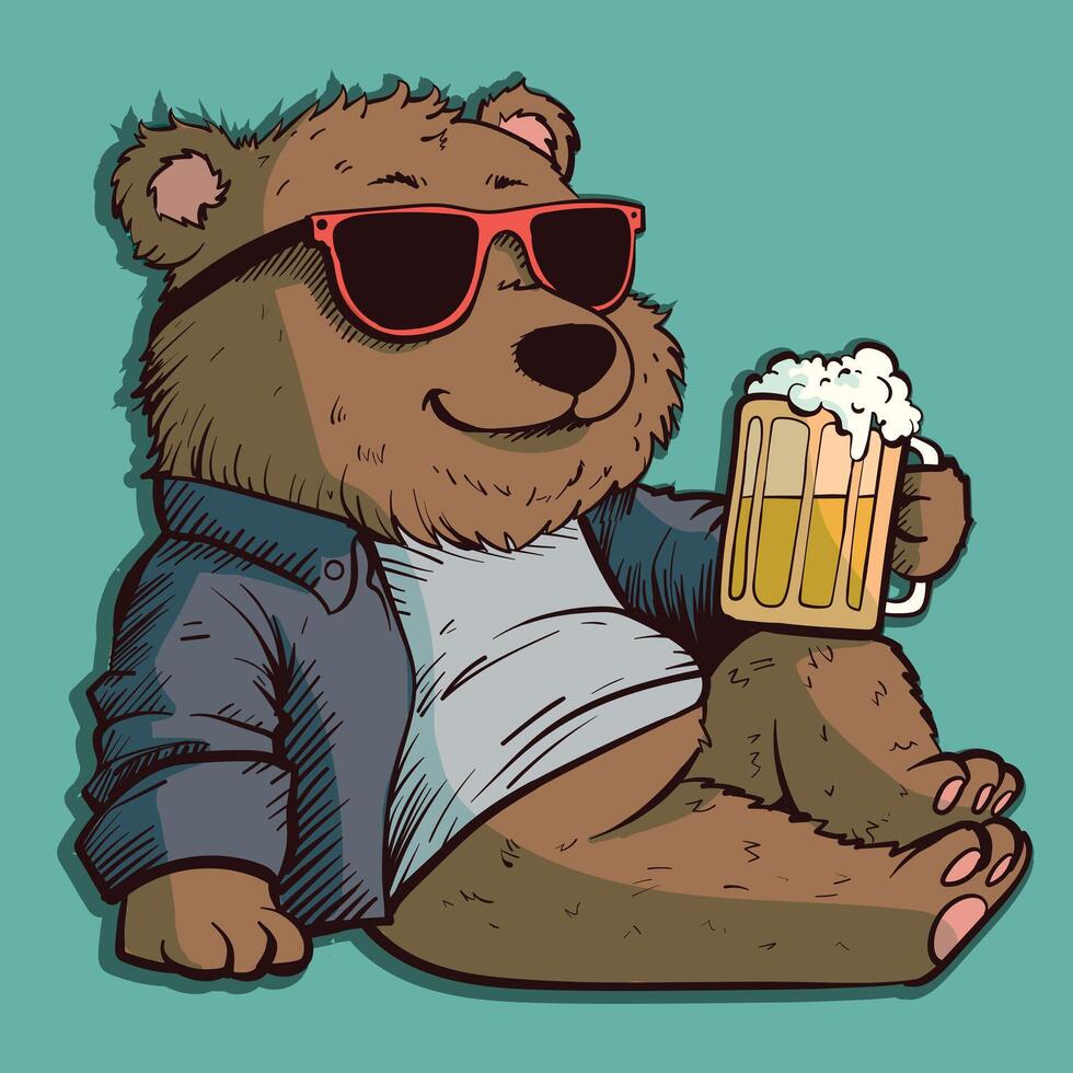 Art of a brown bear in a jacket drinking beer. Cool grizzly with sunglasses holding a mug. vector